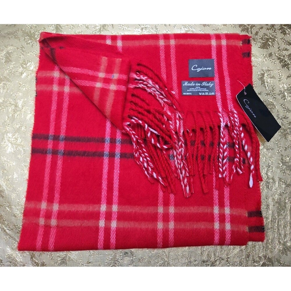 Cejon New Italy Made Red Plaid Tartan 66" x 11" Super Soft Scarf, Gift Idea
